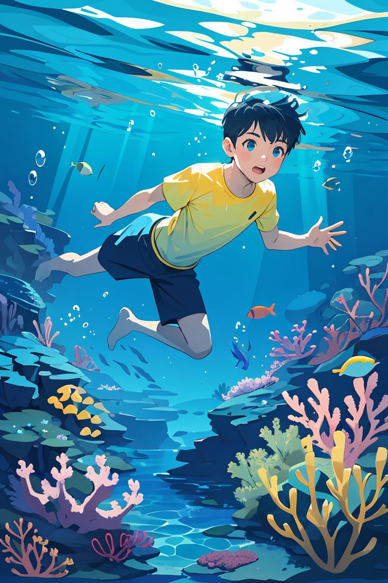 00142-3605713747-flat vector art,vector illustration, 1boy,swim,underwater,glow,yellow,blue,shiny,tyndall of holographic,water iridescence,master.png